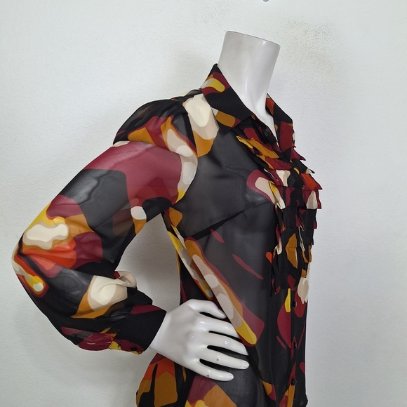 Worthington Sheer Abstract Multicolor Print Ruffle Button-Down Blouse Size S - Picture 4 of 13